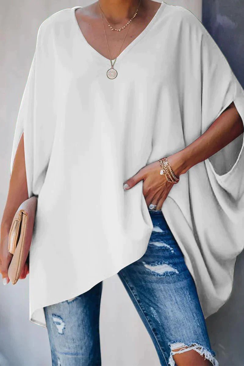 Oversized Batwing-Sleeve V-Neck Tunic Top