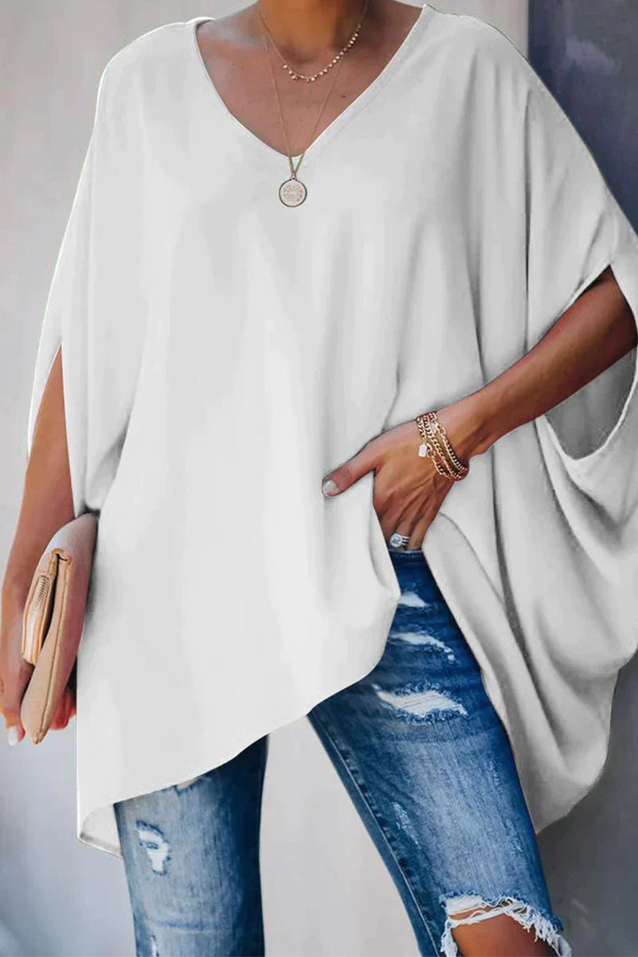 Oversized Batwing-Sleeve V-Neck Tunic Top