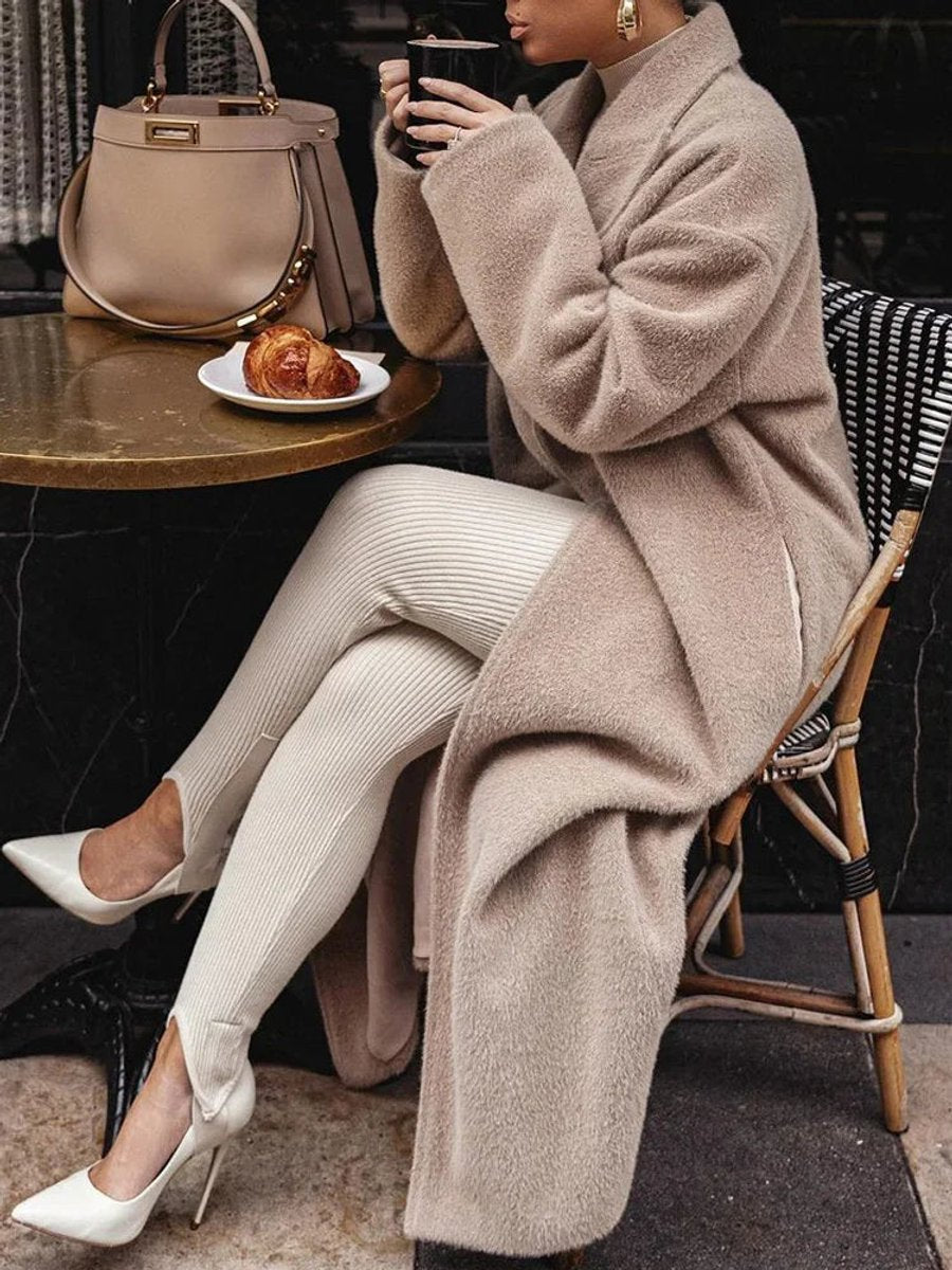 Oversized Long Wool-Blend Lapel Coat