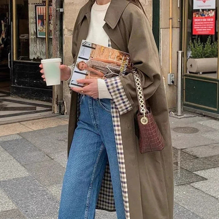 Oversized Plaid-Lined Cotton Blend Trench Coat