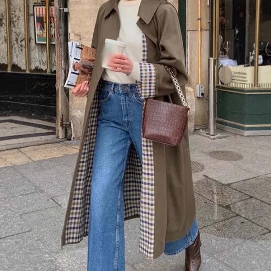 Oversized Plaid-Lined Cotton Blend Trench Coat