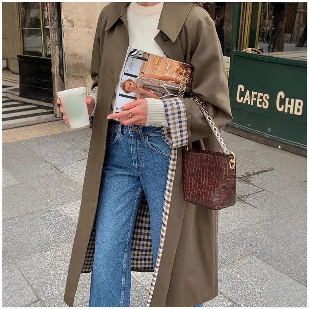 Oversized Plaid-Lined Cotton Blend Trench Coat