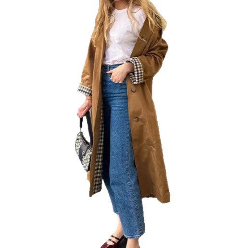 Oversized Plaid-Lined Cotton Blend Trench Coat