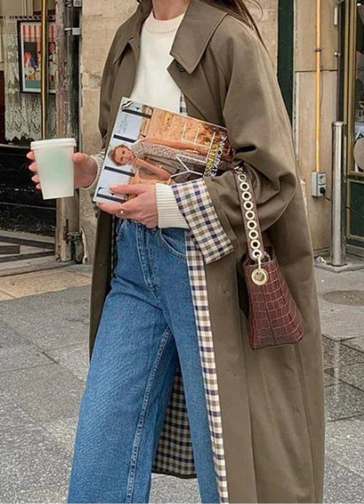 Oversized Plaid-Lined Cotton Blend Trench Coat