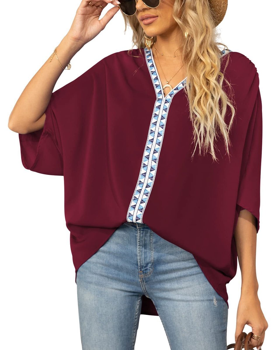 Oversized V-Neck Geometric Trim Tunic