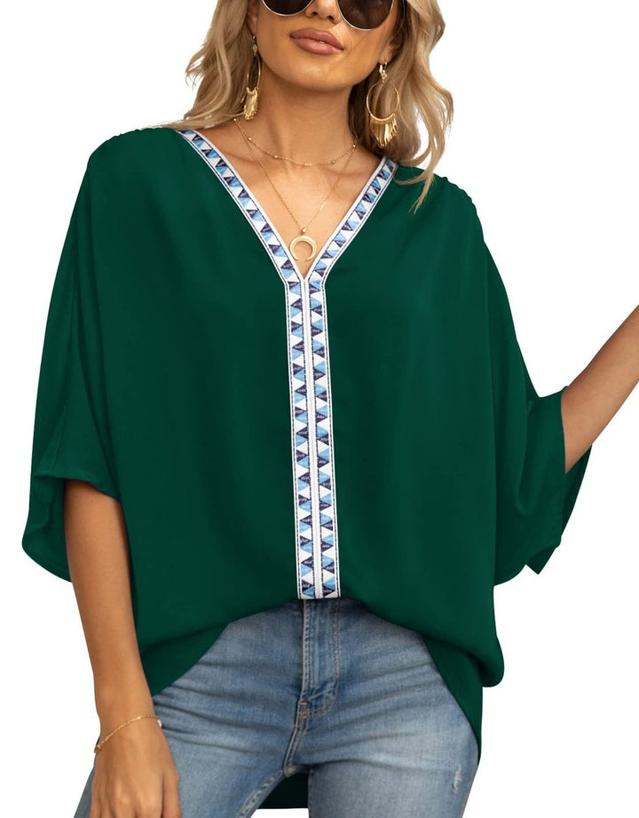 Oversized V-Neck Geometric Trim Tunic