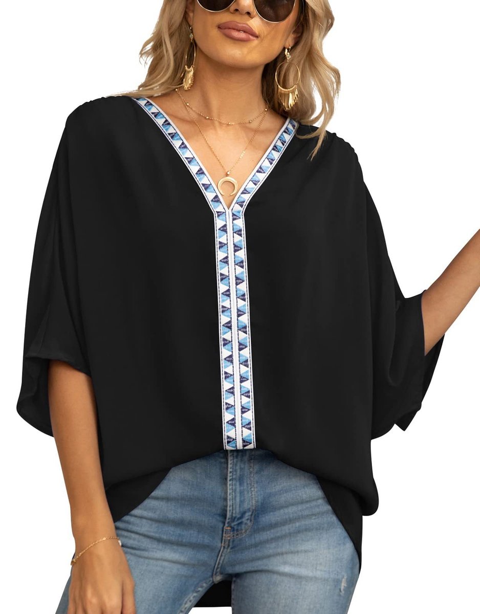 Oversized V-Neck Geometric Trim Tunic