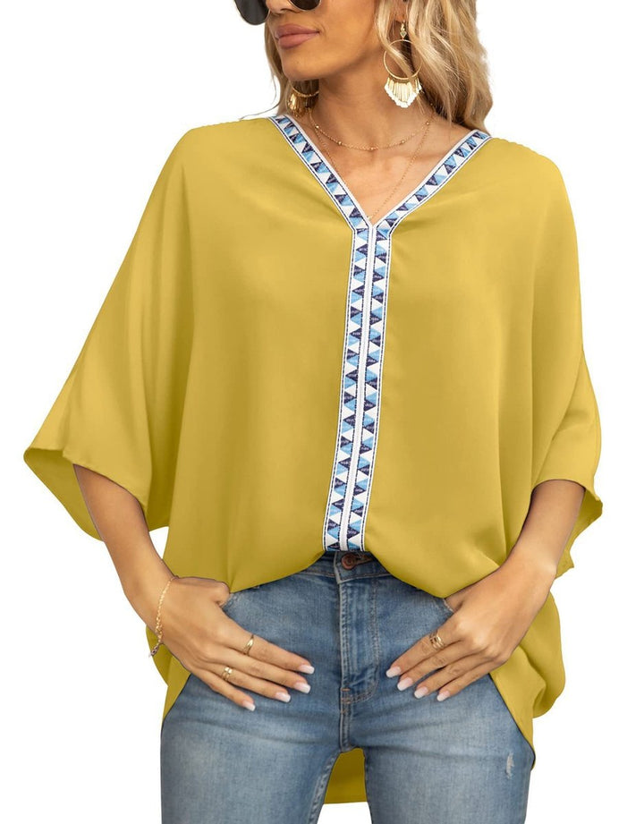 Oversized V-Neck Geometric Trim Tunic