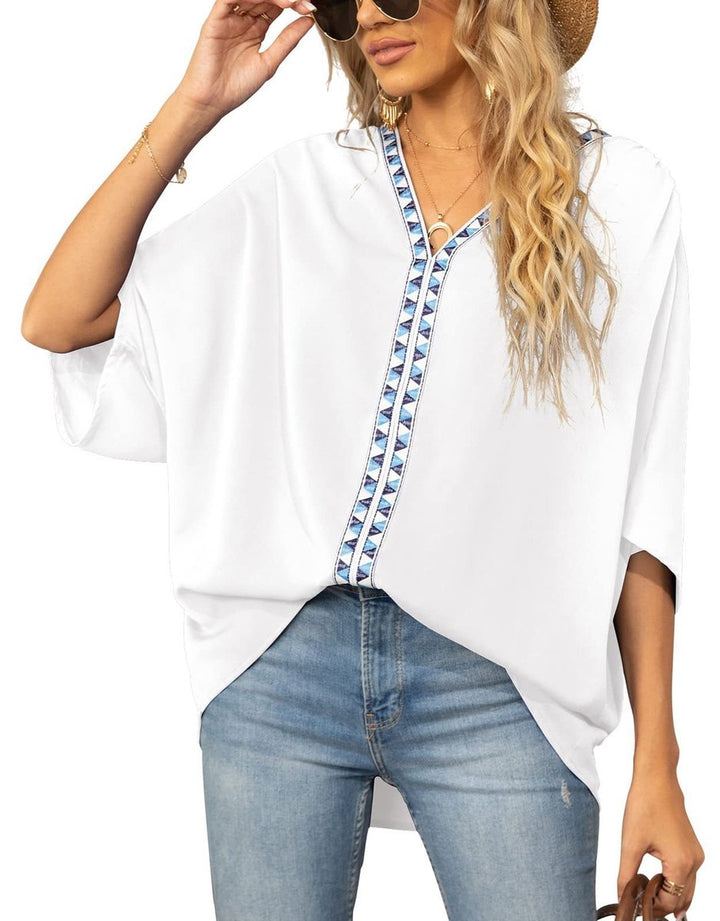 Oversized V-Neck Geometric Trim Tunic