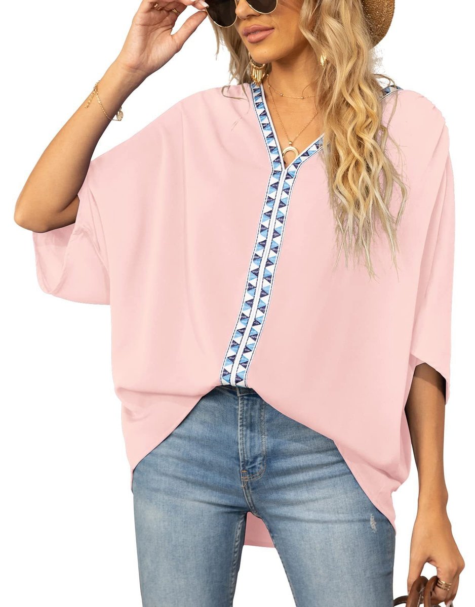 Oversized V-Neck Geometric Trim Tunic