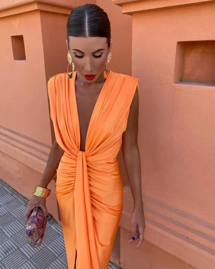 Pleated Sleeveless Deep V-Neck Midi Dress