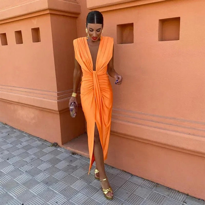 Pleated Sleeveless Deep V-Neck Midi Dress