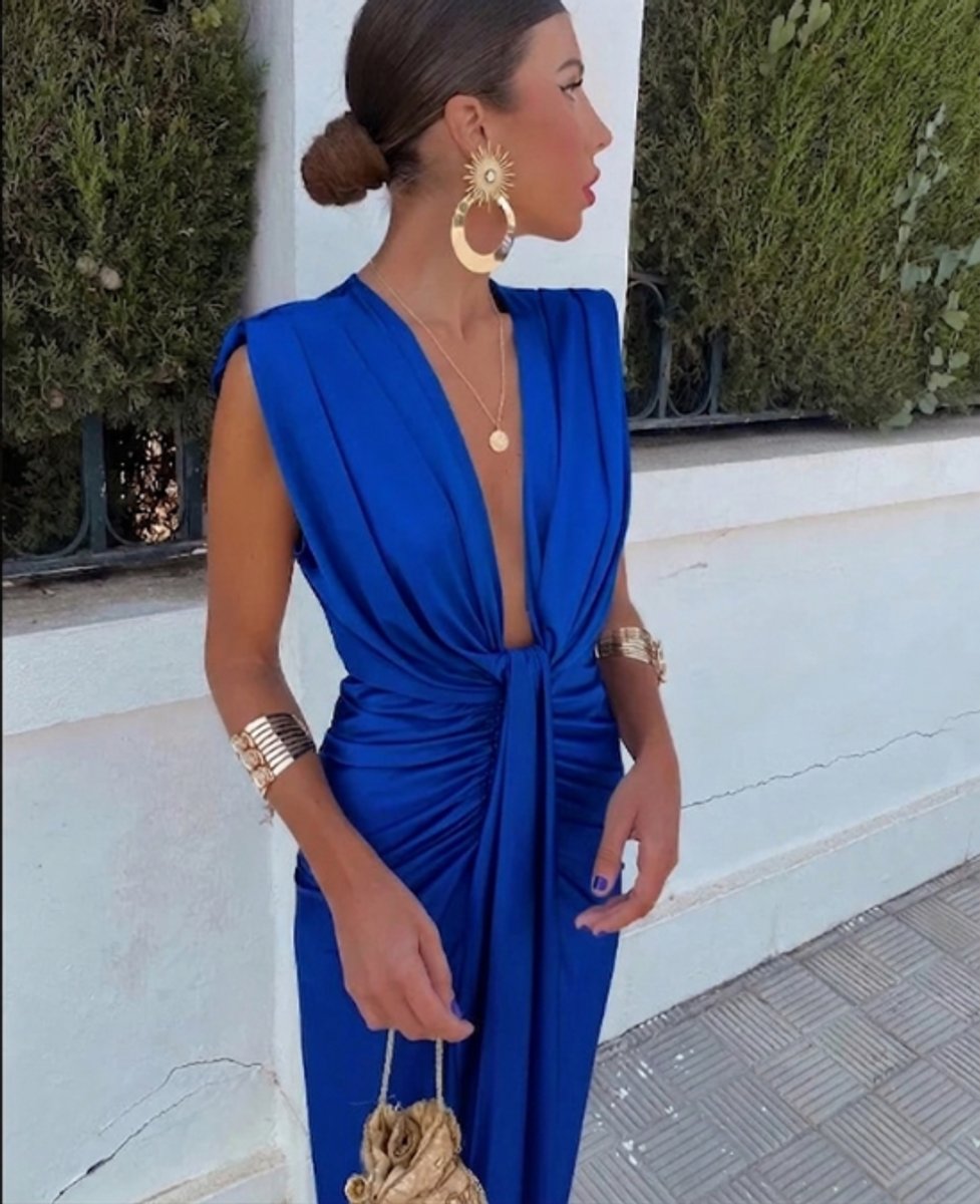 Pleated Sleeveless Deep V-Neck Midi Dress