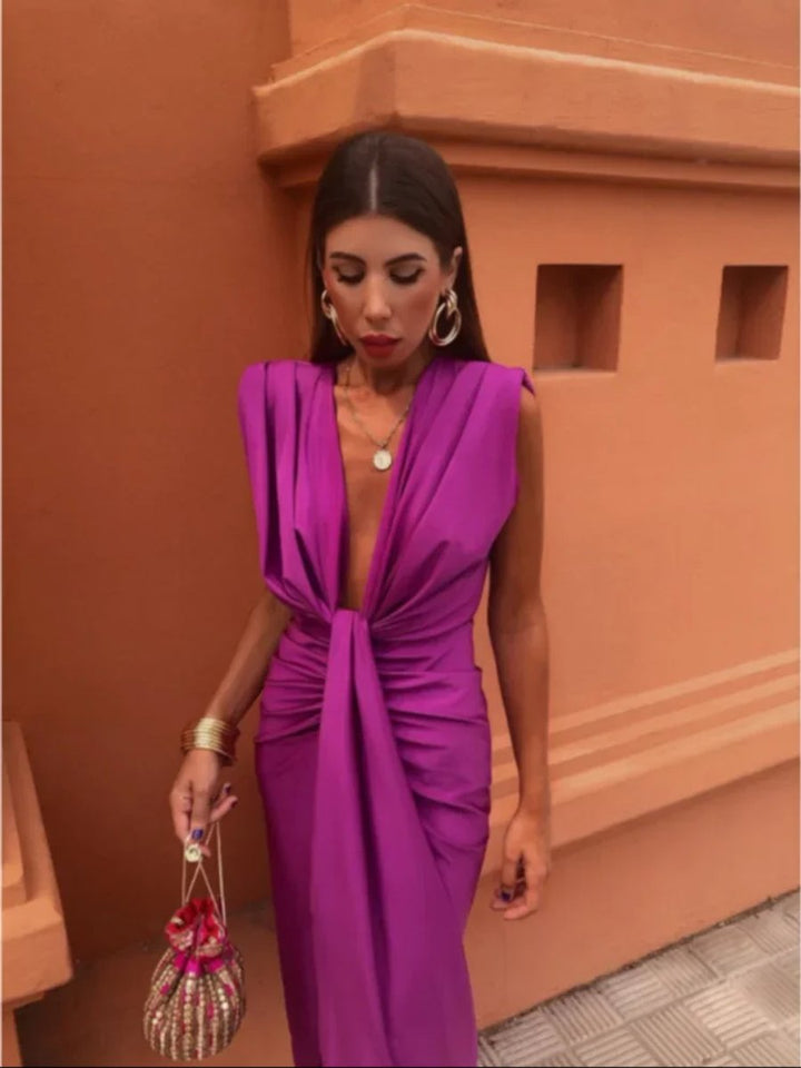 Pleated Sleeveless Deep V-Neck Midi Dress