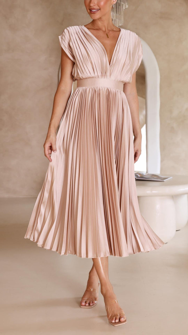 Pleated V-Neck Midi Occasion Dress
