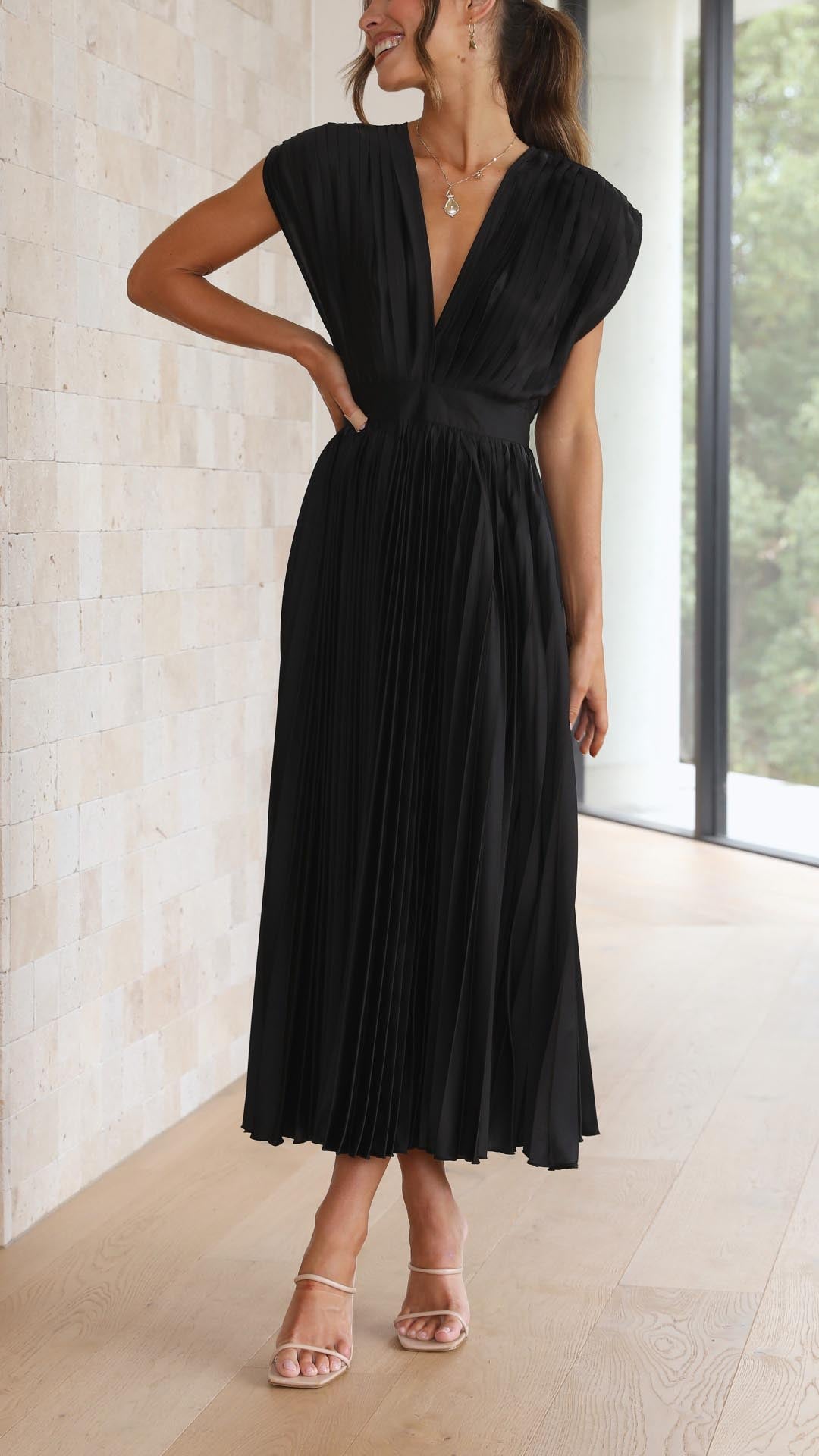 Pleated V-Neck Midi Occasion Dress