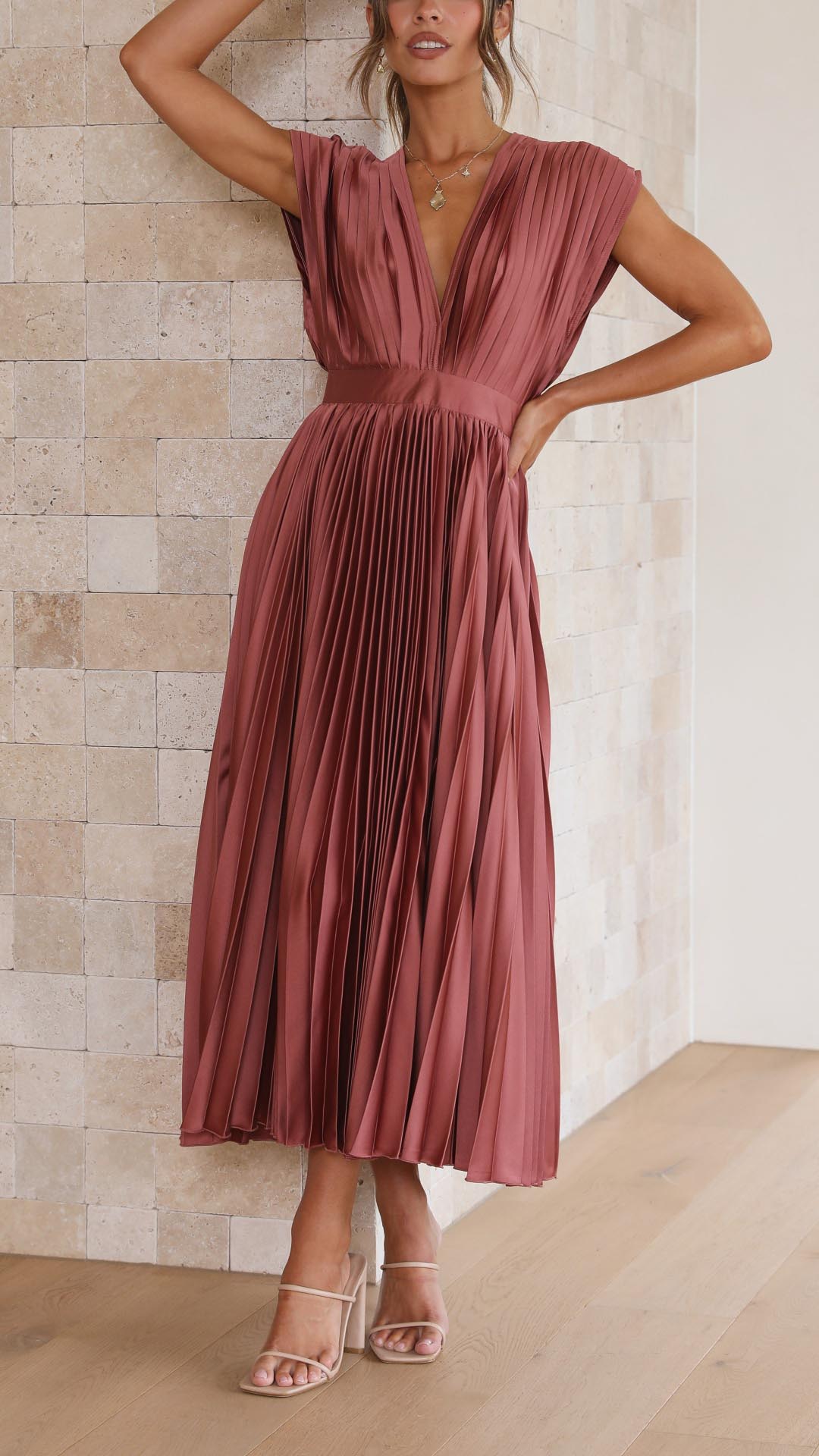 Pleated V-Neck Midi Occasion Dress