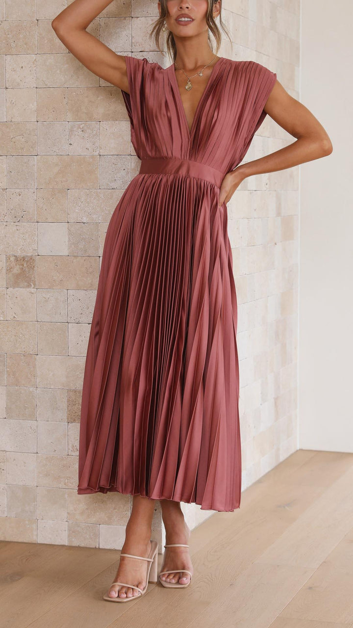 Pleated V-Neck Midi Occasion Dress