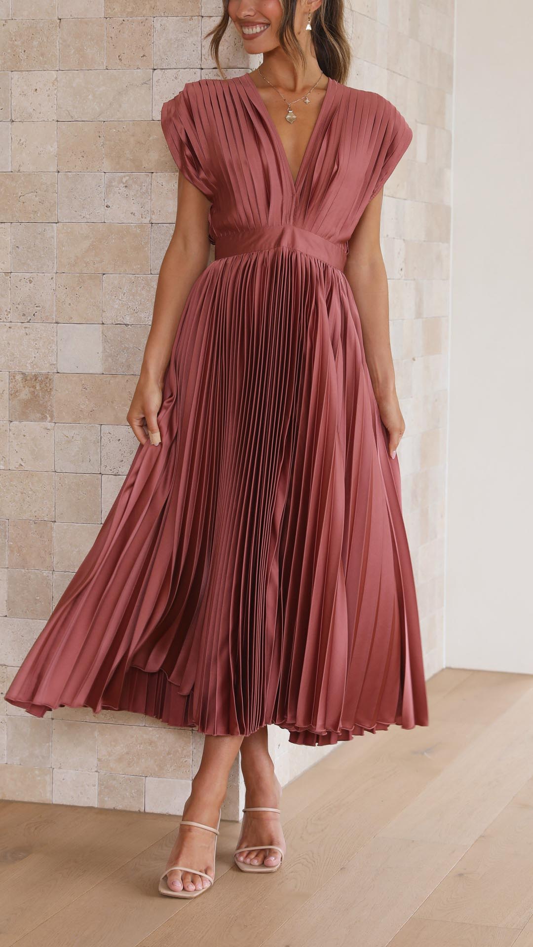 Pleated V-Neck Midi Occasion Dress