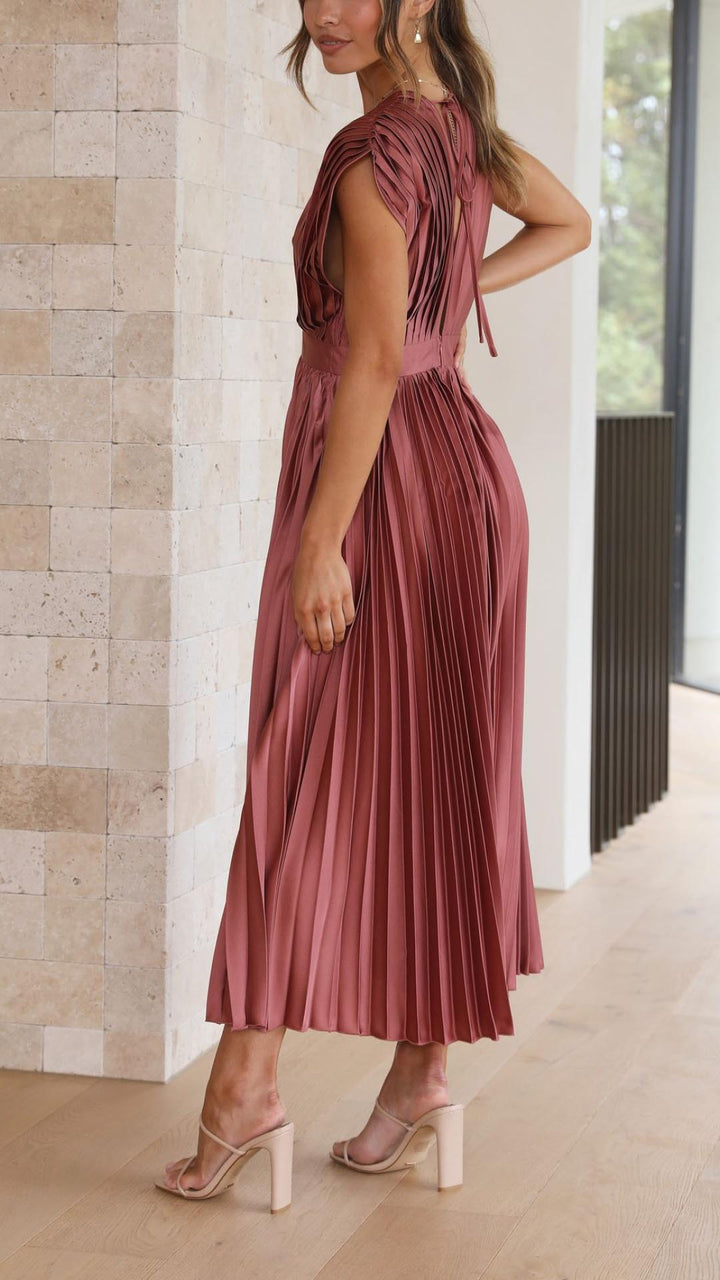 Pleated V-Neck Midi Occasion Dress