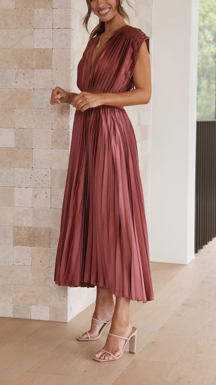 Pleated V-Neck Midi Occasion Dress