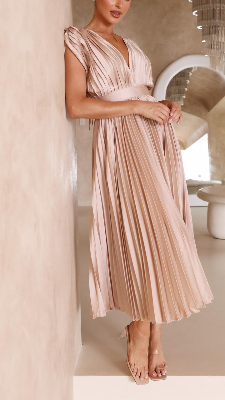 Pleated V-Neck Midi Occasion Dress
