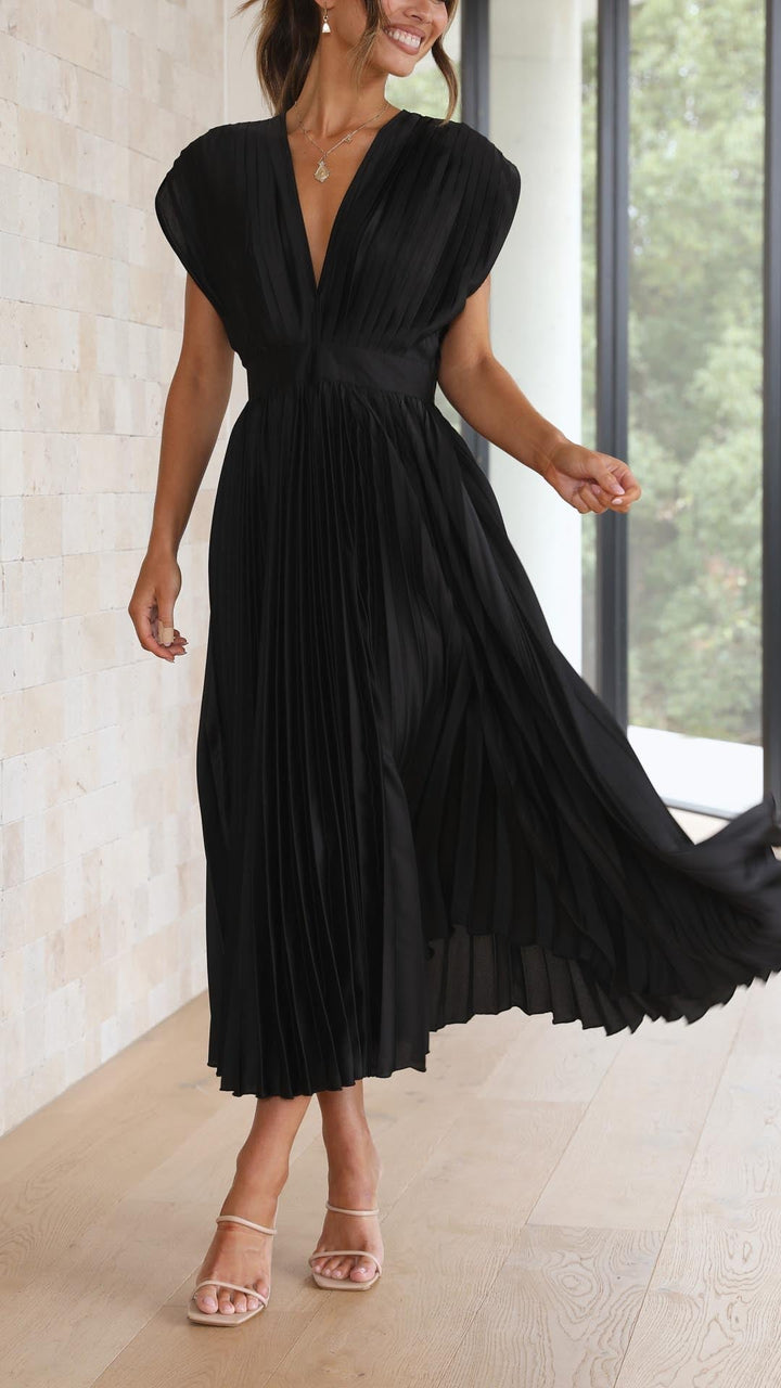 Pleated V-Neck Midi Occasion Dress