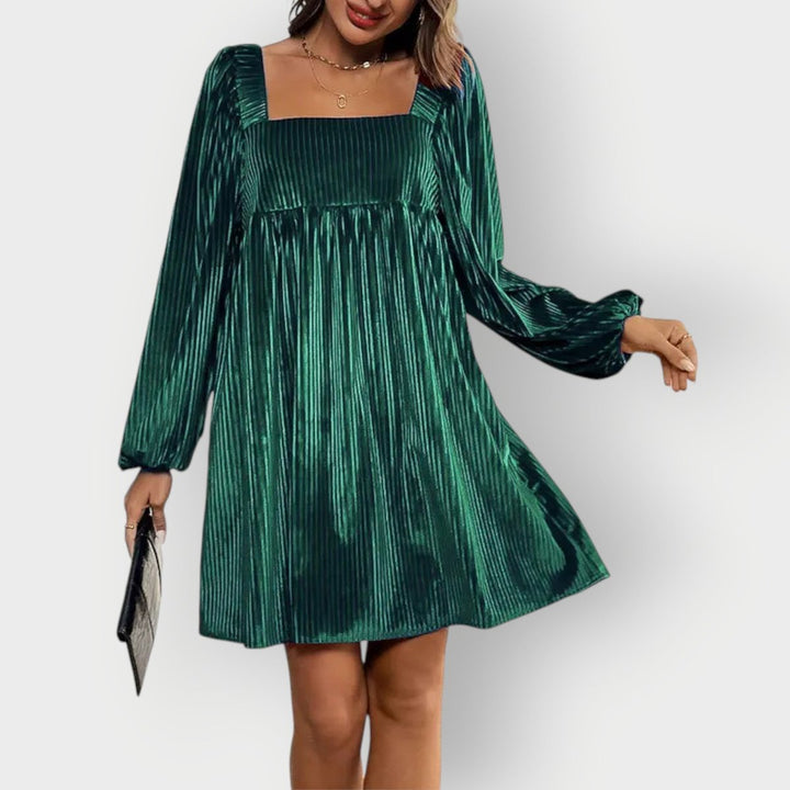 Pleated Velvet Square-Neck Mini Dress
