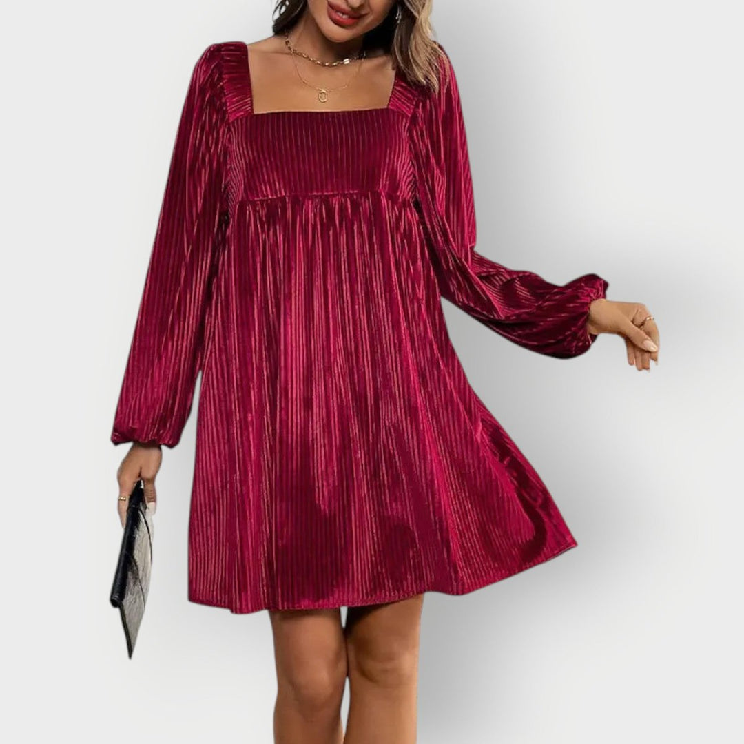 Pleated Velvet Square-Neck Mini Dress