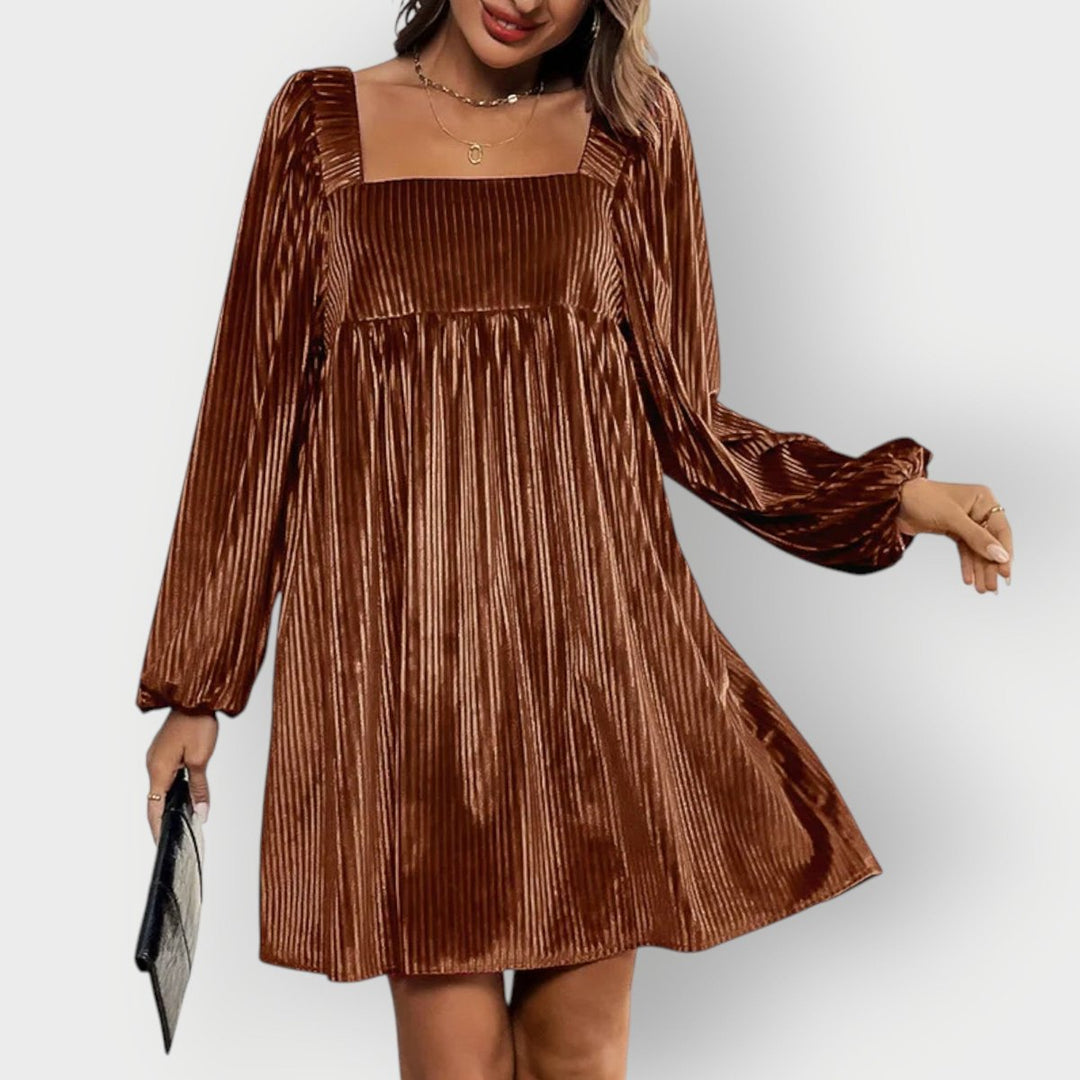 Pleated Velvet Square-Neck Mini Dress