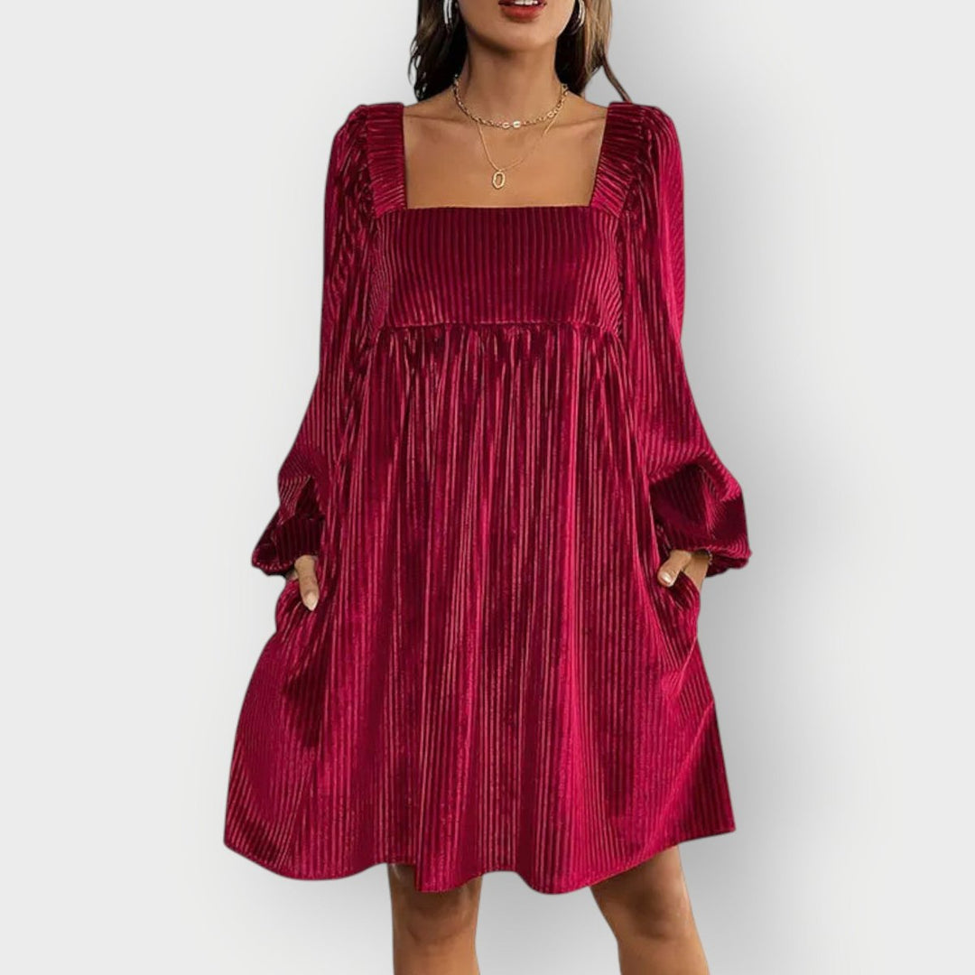 Pleated Velvet Square-Neck Mini Dress