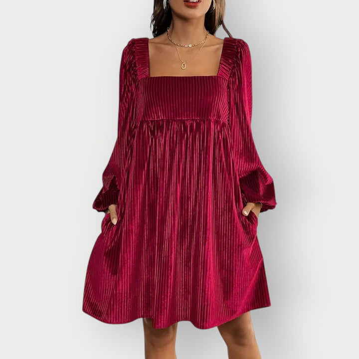 Pleated Velvet Square-Neck Mini Dress