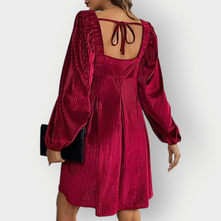 Pleated Velvet Square-Neck Mini Dress