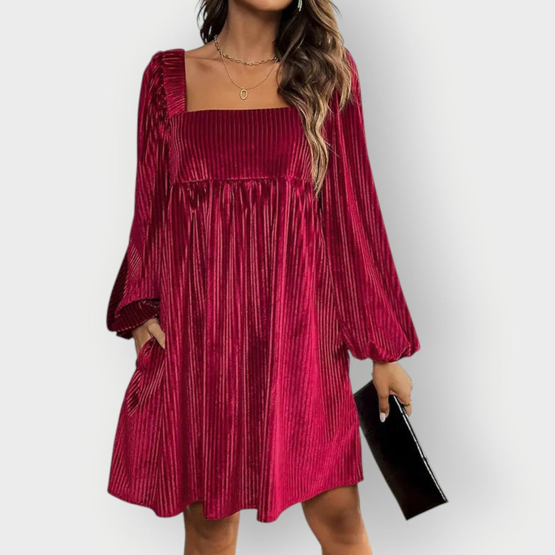 Pleated Velvet Square-Neck Mini Dress