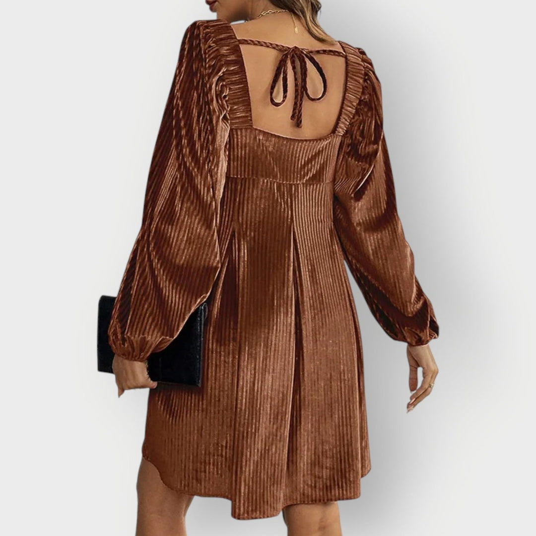 Pleated Velvet Square-Neck Mini Dress