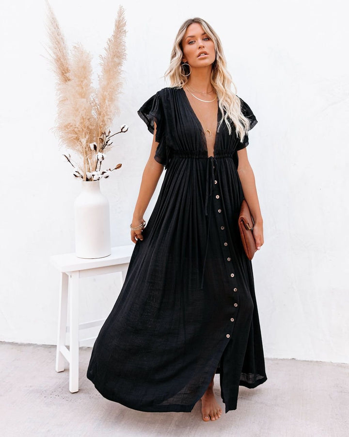 Plunging V-Neck Button-Front Maxi Dress
