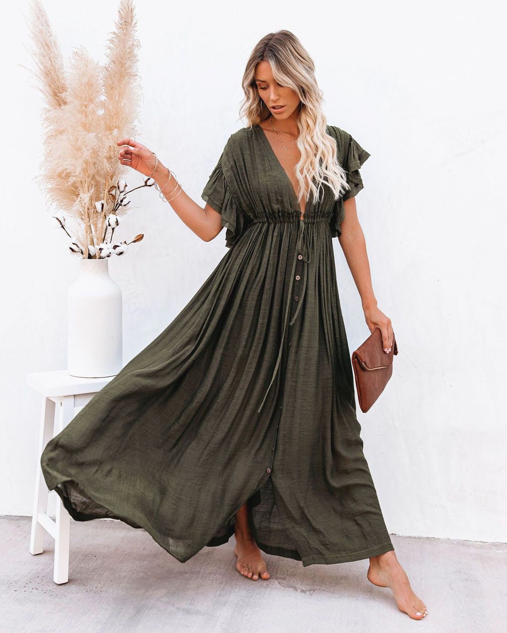 Plunging V-Neck Button-Front Maxi Dress