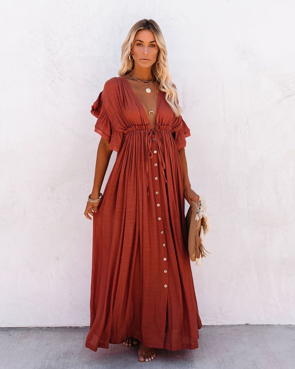 Plunging V-Neck Button-Front Maxi Dress