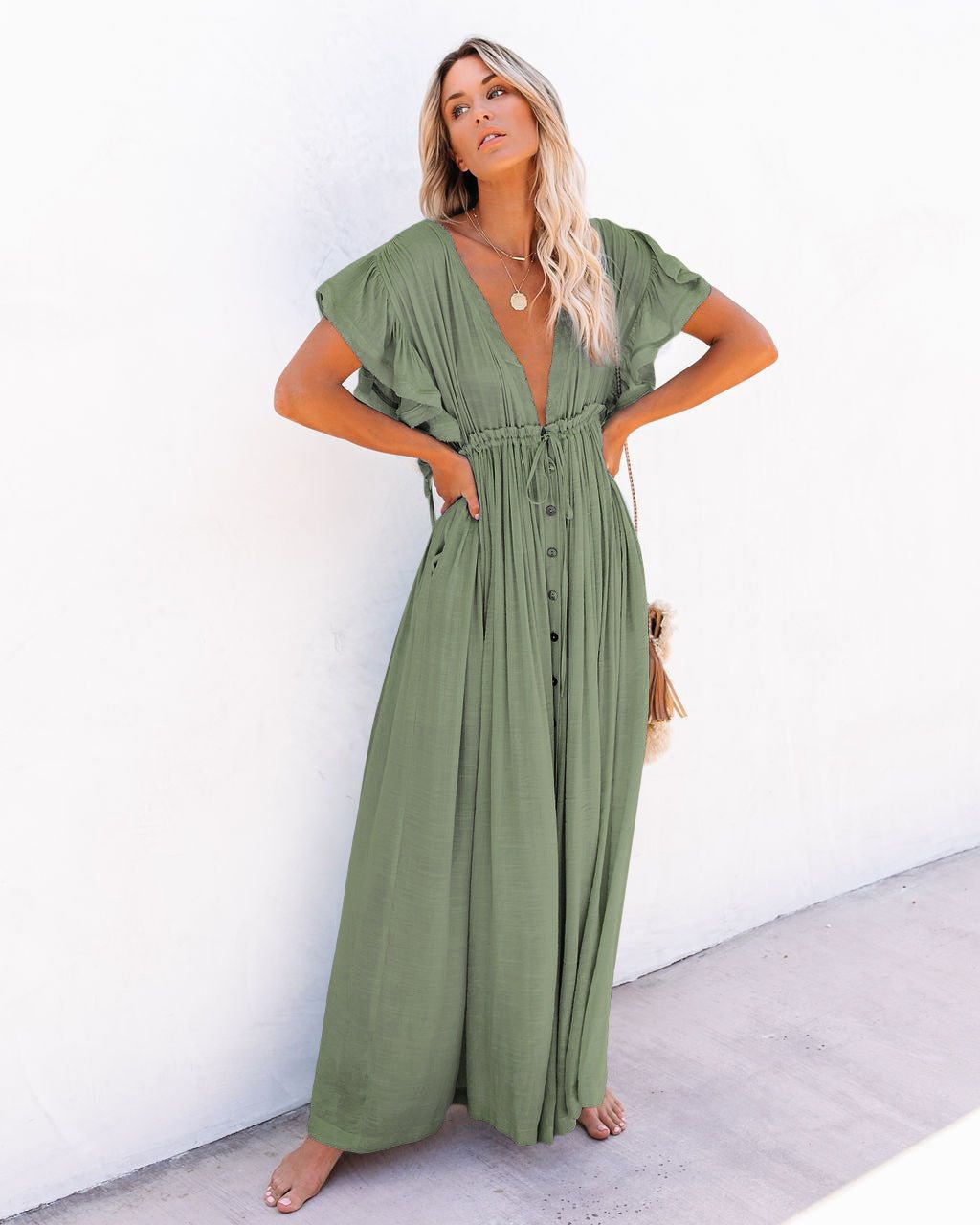 Plunging V-Neck Button-Front Maxi Dress