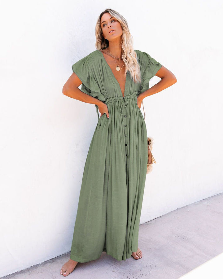 Plunging V-Neck Button-Front Maxi Dress