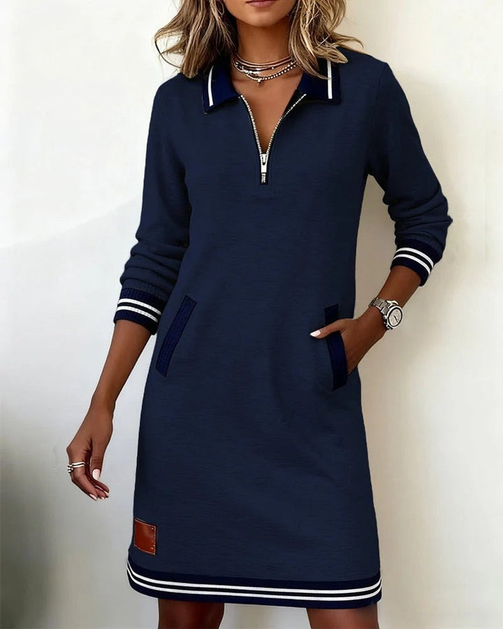 Long Sleeve Polo Zip-Neck Midi Dress
