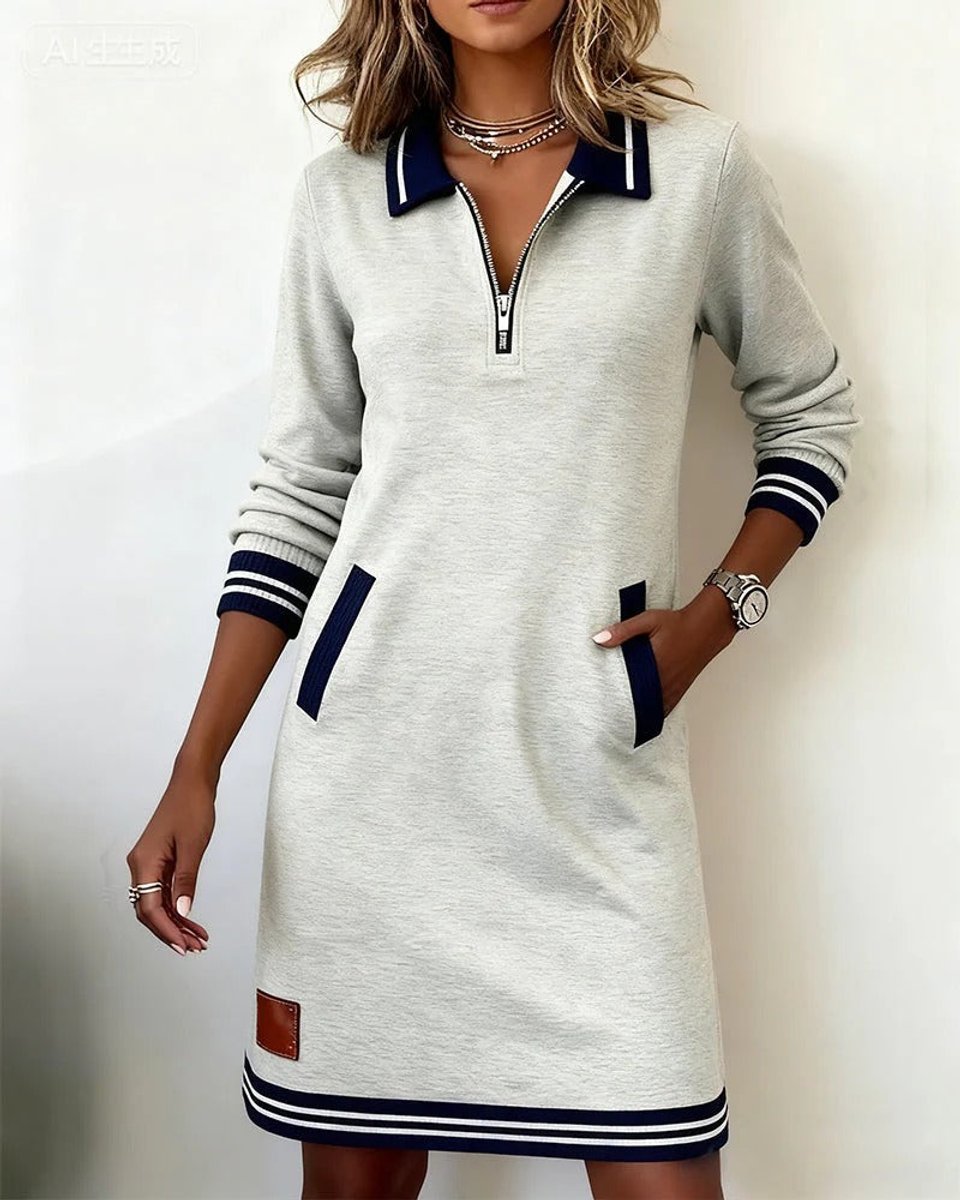 Long Sleeve Polo Zip-Neck Midi Dress