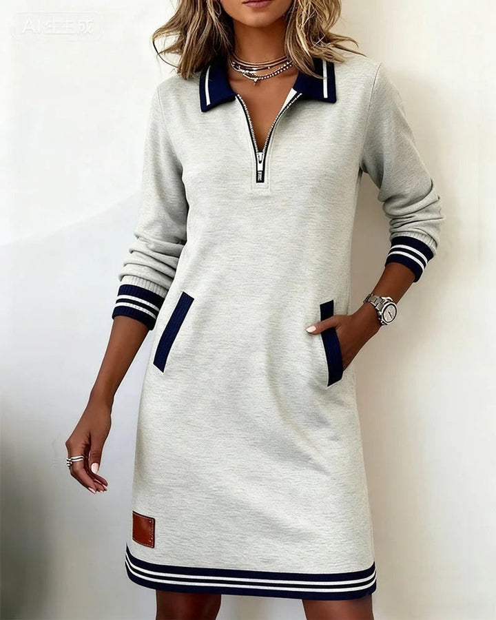 Long Sleeve Polo Zip-Neck Midi Dress