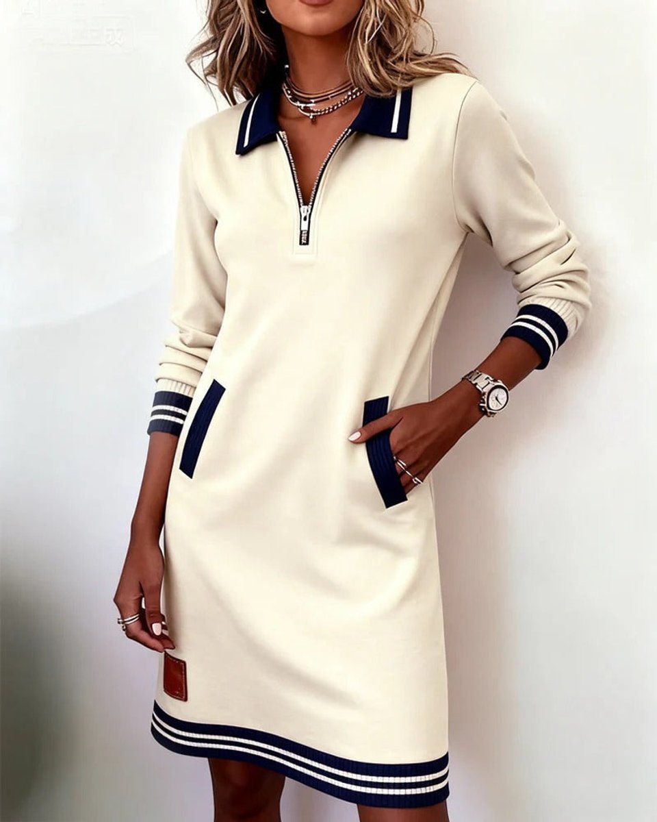 Long Sleeve Polo Zip-Neck Midi Dress
