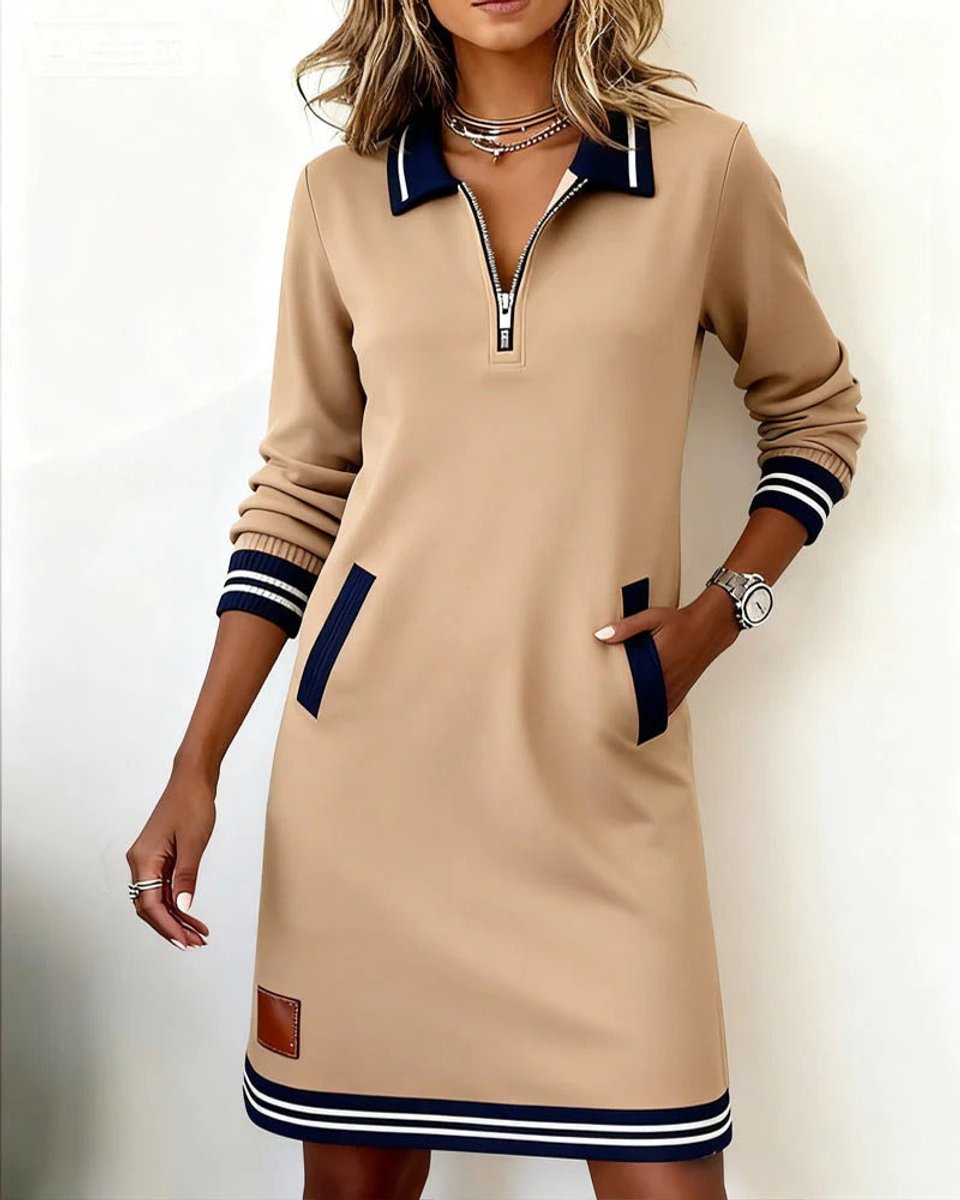 Long Sleeve Polo Zip-Neck Midi Dress