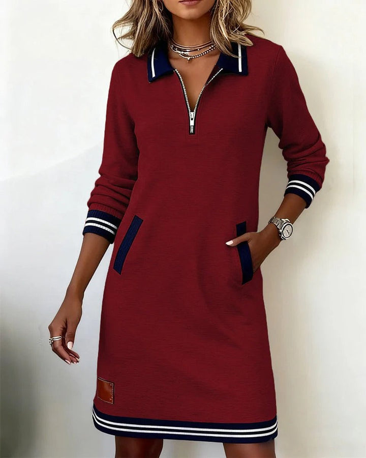 Long Sleeve Polo Zip-Neck Midi Dress
