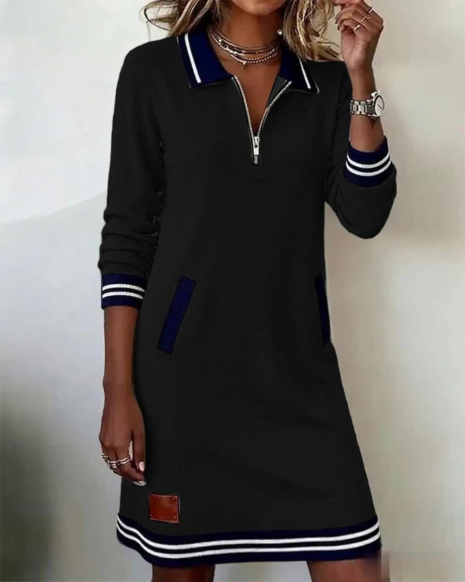 Long Sleeve Polo Zip-Neck Midi Dress
