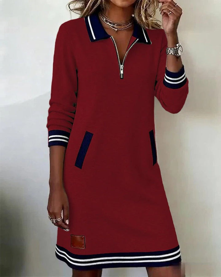 Long Sleeve Polo Zip-Neck Midi Dress