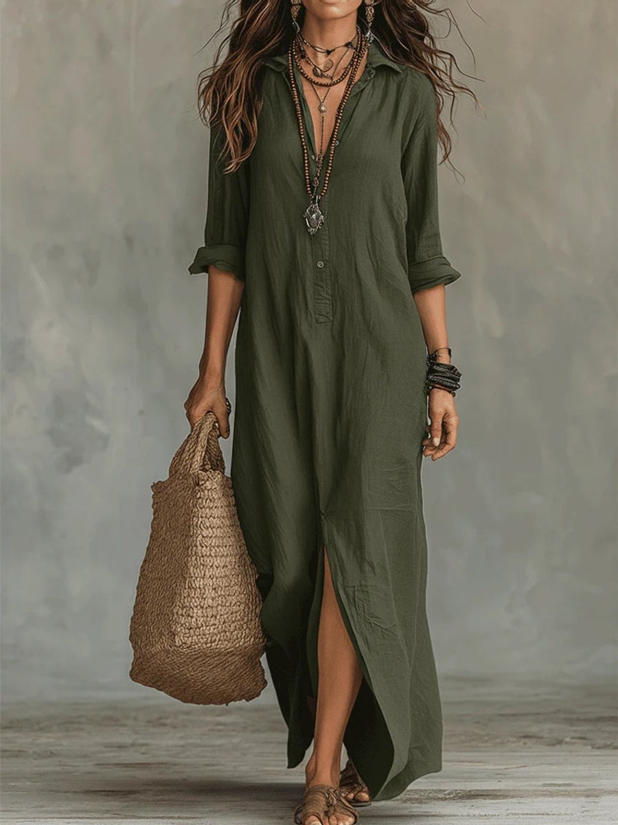 Relaxed-Fit Long Sleeve Maxi Shirt Dress