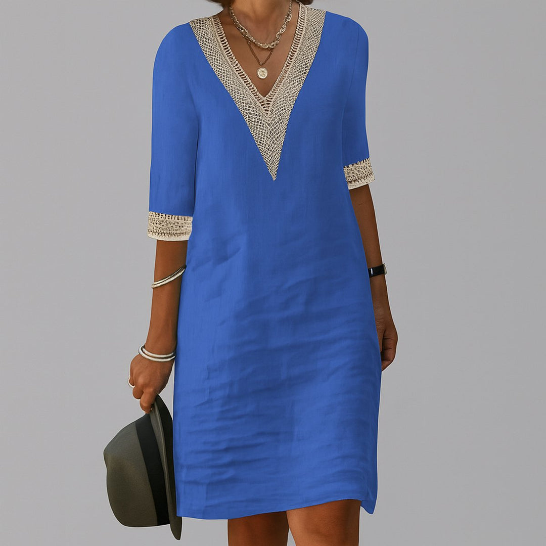 Relaxed-Fit V-Neck Crochet-Trim Midi Dress